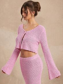 L'Amorae Solid Single Button Front Flare Sleeve Crop Cardigan - Dusty Pink - View 5