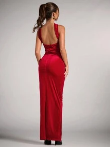SHEIN BAE Elegante y hermoso vestido rojo de tubo de terciopelo, halter largo para fiestas, banquetes y reuniones, vestido rojo, ropa de mujer para Navidad, vestido elegante para boda, atuendo de mujer para Halloween, vestido de diosa griega, vestido para días festivos, vestido para fiesta de Navidad - Rojo - Ver 2