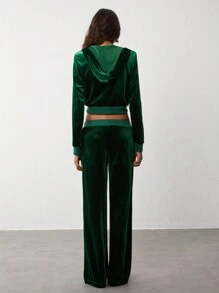SHEIN Unity 2 件女式复古套装：深绿色天鹅绒连帽拼色拉链短夹克和直筒裤，秋冬 - 藏蓝色 - 查看 2