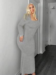 SHEIN SXY Plus Size Elegant Minimalist Solid Color Square Collar Mermaid Hem Fitted Dress, Spring/Autumn - Dark Grey - View 5