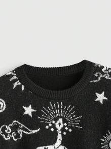 ROMWE Goth Plus Size Crew Neck Long Sleeve Pattern Detail Minimalist Pullover Sweater, Casual For Daily Wear - Black - View 4