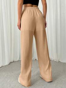 SHEIN EZwear Quần cạp chun xếp ly họa tiết thường ngày cho nữ - Màu Khaki - Xem 2