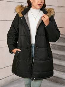 SHEIN LUNE Zimowy płaszcz z kapturem i kołnierzem futrzanym w dużym rozmiarze na zimowe wakacje - Czarne - Zobacz 4