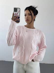 Aloruh 新款女士粉色圆领休闲长袖套头毛衣，秋冬款 - 淺粉色 - 查看 6