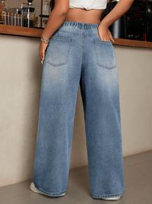 SHEIN CURVE+ Calças Retas Denim Sem Elasticidade Plus Size, Outono/Inverno - Azul - Visão 2
