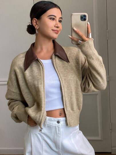 DAZY Loose Double Zipper Up Color Block Collar Cardigan For Women,Long Sleeve Tops,Fall Women Clothes Jacket