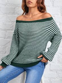 SHEIN PETITE Warm Striped Pattern Off-Shoulder Sweater For Going Out In Autumn And Winter - Green - View 4