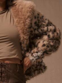 MUSERA Leopard Pattern Contrast Faux Fur Coat Winter Evening - Multicolor - View 4