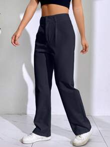 Muchica Quần ống đứng màu trơn thường ngày cho nữ, đa năng cho mùa thu - Màu xanh hải quân - Xem 5