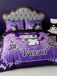 HELLO KITTY AND FRIENDS | SHEIN 3pcCartoon & Floral Print Purple Duvet Cover Set,Suitable For Single Bed/Double Bed/Queen Bed/King Bed, Dormitory/Home