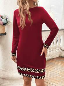 SHEIN Clasi 1pc Women's Autumn Leopard Patchwork Long Sleeve Dress - Red - View 3