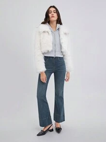 SHEIN EZwear Solid Hook And Eye Placket Fuzzy Coat - White - View 3