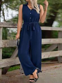 SHEIN LUNE جمبسوت سباحة صيفية من حجم كبير بأزرار أمامية وبدون أكمام، مع تفاصيل كشكشة - أزرق بحري - مشاهدة 3
