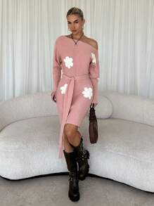 Chiquease Vestido de manga larga con hombros descubiertos y estampado floral, adecuado para otoño e invierno - Rosa - Ver 1