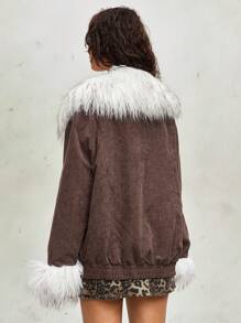 ROMWE Grunge Punk 1 pieza Abrigo con cuello desmontable de peluche de color contrastante con forro de pana, estilo distópico para mujer