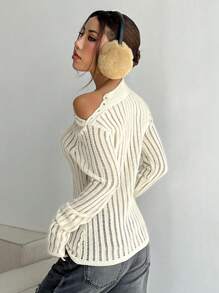 Flirla Women's Asymmetric Shoulder Long Sleeve Fitted Fashionable Knit Sweater For Autumn, Knit Pullover Fall Winter - Apricot - View 3