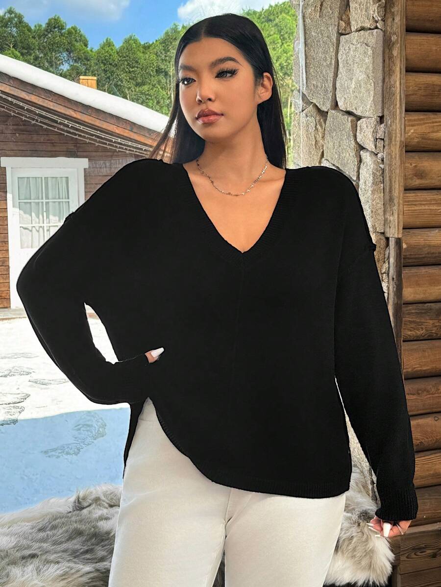 SHEIN EZwear Áo len dệt kim rộng rãi màu trơn thường ngày cỡ lớn thả vai, mùa thu/đông - màu đen - Xem 1