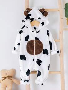 SHEIN Bộ đồ liền thân dày ấm áp cho bé trai/bé gái sơ sinh, vải in hình con bò dễ thương, thiết kế tai 3D, dài tay và quần, thích hợp cho mùa thu/đông, trong nhà và ngoài trời, tiệc mừng em bé chào đời - trắng - Xem 8