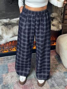 SHEIN EZwear Calça casual larga com bolso, estampa xadrez e cintura elástica, em tamanhos grandes para mulheres - Azul - Visão 4