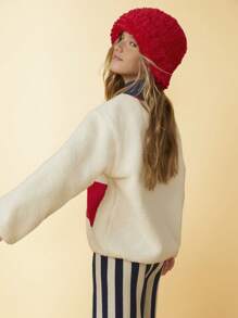 SHEIN Tween Girls THL Embroidery Pattern Contrast Red Trim & Pocket Beige Fleece Casual Jacket For Autumn/Winter - Beige - View 4