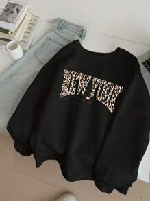 SHEIN 少女休闲简约长袖宽松加厚圆领卫衣，适合秋冬季穿着 - 黑色 - 查看 1