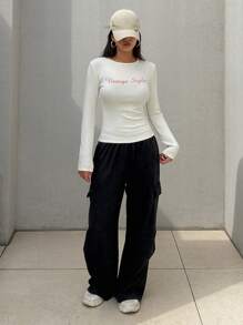 DAZY Women Casual Daily Letter Print Round Neck Thermal Lined Fitted Long Sleeve T-Shirt, Autumn/Winter - Beige - View 6