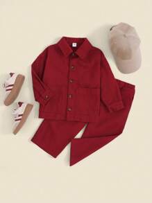 THE HAPPY LOOK Young Boys Red Solid Color Twill Casual Long Sleeve Shirt Jacket For Daily Wear, Autumn, Winter, Christmas, New Year - Red - View 3