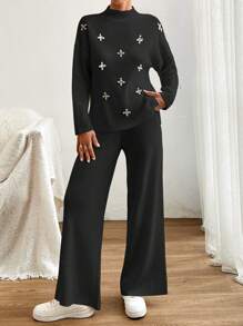 EURMUSE Women Sweater With Pearl Detailed And Knit Pant - Black - View 3