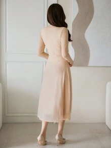 DAZY Abito lungo casual da donna a maniche lunghe con scollo a V, colore unito, abito autunnale - Albicocca - Visualizzare 2