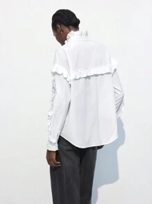 Maija 1 件女式纯色荷叶边单排扣长袖休闲衬衫，秋季 - 白色 - 查看 6