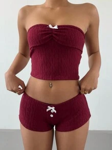 Aloruh Women 2pcs, Fall Suit, Ancora Red Suit, Simple Elegant Hottie Young Girl Y2K Suit, Party Home Suit, Christmas Suit, Burgundy Knitted Vest + Mini Shorts, Daily Casual Sports Street Knitted Suit, 2pcs Christmas Wine Red Bandeau With Bow Decor Shorts Set For Women