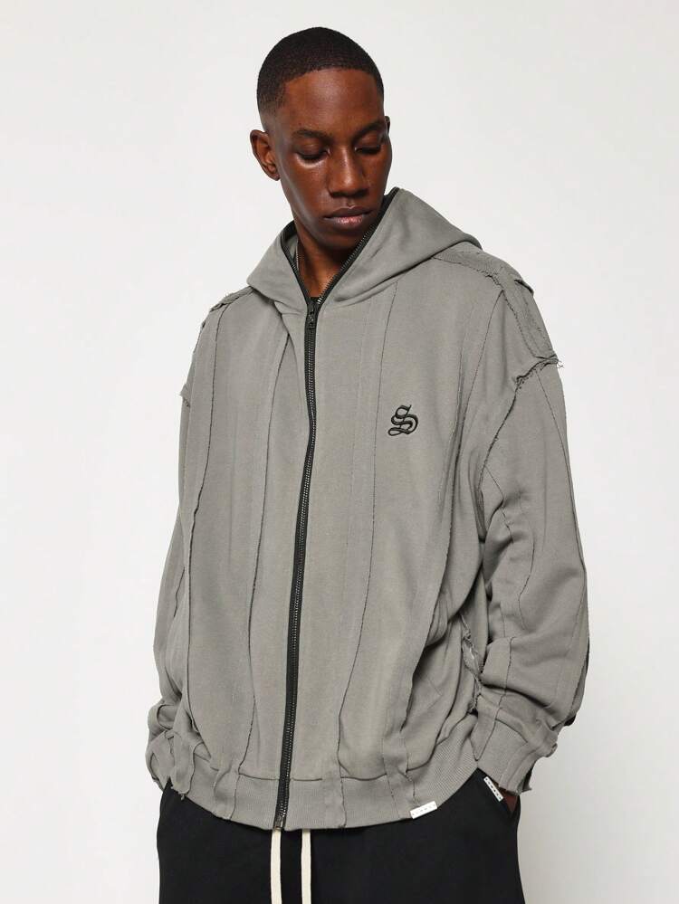 SUMWON Oversized Distressed Full-Zip Hoodie Athletic Sweatshirt Winter Fall Streetwear Vintage Washed Raw Edge Seam Detail Urban Casual Sports Loungewear