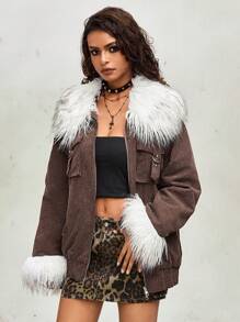 ROMWE Grunge Punk 1 pieza Abrigo con cuello desmontable de peluche de color contrastante con forro de pana, estilo distópico para mujer