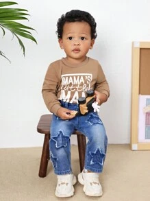 SHEIN Celana Jeans Denim Biru Model Lurus Kasual untuk Bayi Laki-laki, Motif Bintang Lucu dan Dicuci dengan Batu, Cocok untuk Pakaian Luar Ruangan Musim Gugur dan Musim Dingin - Medium Wash - View 6