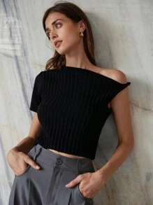 Aveloria Modichic 1pc Off Shoulder Asymmetrical Cutout Design Refined French Style High-End Slim Fit Knit Top