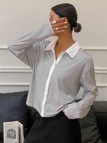DAZY Camiseta de manga larga abierta por delante con parches y rayas, estilo holgado para mujer - Blanco - Ver 3