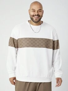 Manfinity VCAY Plus Size Men Knit Letter Print Loose Crew Neck Long Sleeve Sweatshirt, For Fall Winter - White - View 1