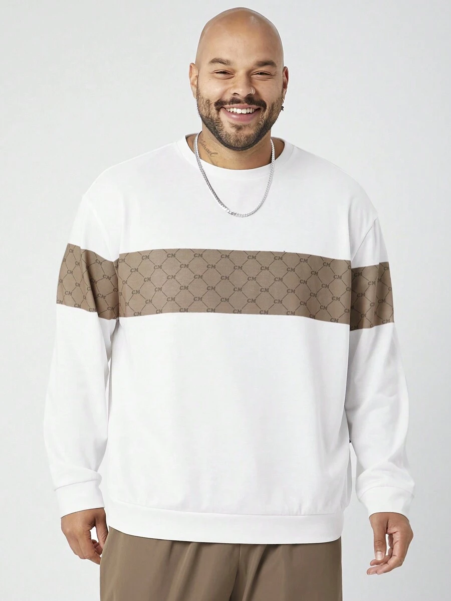 Manfinity VCAY Plus Size Men Knit Letter Print Loose Crew Neck Long Sleeve Sweatshirt, For Fall Winter - White - View 1