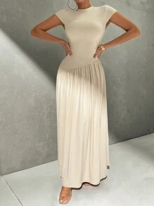 Firerie Eenvoudige elegante dagelijkse slijtage chique effen kleur korte mouw slim fit staande kraag asymmetrische A-lijn taille-getailleerde lange jurk, dames casual geplooide mouwloze staande kraag slim fit lange kaki vleermuismouw colorblock, effen A-lijn dames lange jurken, lente/zomer, casual dagelijkse slijtage