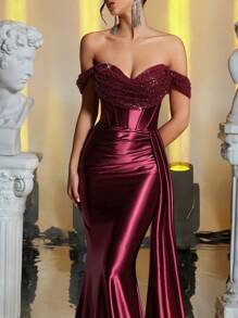 Glamrae 优雅华丽的奢华勃艮第露肩 3D 花卉珍珠亮片拼接弹力缎面褶皱侧襟鱼尾连衣裙，适合婚礼活动派对节日、舞会晚宴礼服、婚礼宾客礼服、正式礼服、晚礼服、长袍 - 酒紅色 - 查看 3