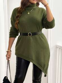 Flirla Plus Size Solid Color Simple Casual Asymmetrical Hem Knitted Pullover Sweater, Winter Fall - Army Green - View 5