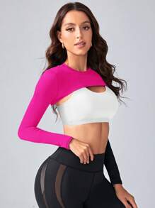 Gameset SHEIN Sport Women's Solid Color Round Neck Long Sleeve Cropped Fitness Sports T-Shirt For Everyday Wear
