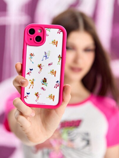 Winx Club X ROMWE 1 pièce Coque de téléphone rose avec une impression de lutin mignonne en cadre magenta, compatible avec l'iPhone et d'autres modèles