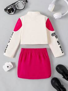 SHEIN 3pcs Young Girl Kid's Motorcycle Graphic Print Set, Autumn/Winter - Hot Pink - View 2