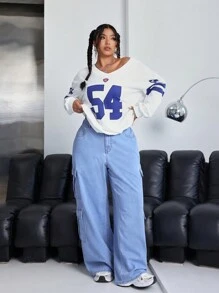 SHEIN ICON Plus Size Blue Zipper Front Pocket Workwear Denim Jeans - Light Wash - View 6