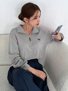 DAZY 女士休闲独角兽图案落肩宽松半拉链前连帽衫，春秋季，长袖上衣，秋季女装运动衫