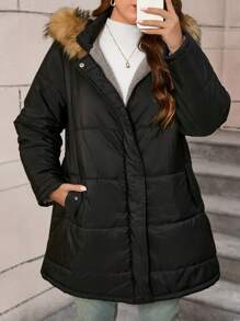 SHEIN LUNE Zimowy płaszcz z kapturem i kołnierzem futrzanym w dużym rozmiarze na zimowe wakacje - Czarne - Zobacz 7