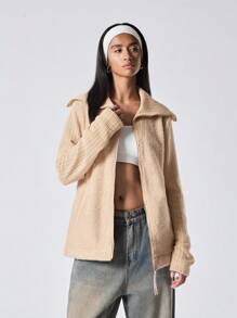 LYSMO Damen einfarbige Reißverschluss Vorne Lange Ärmel Regular Jacke Teddy Mantel, Lässig für den täglichen Gebrauch - Aprikosenfarben - Übersicht 1