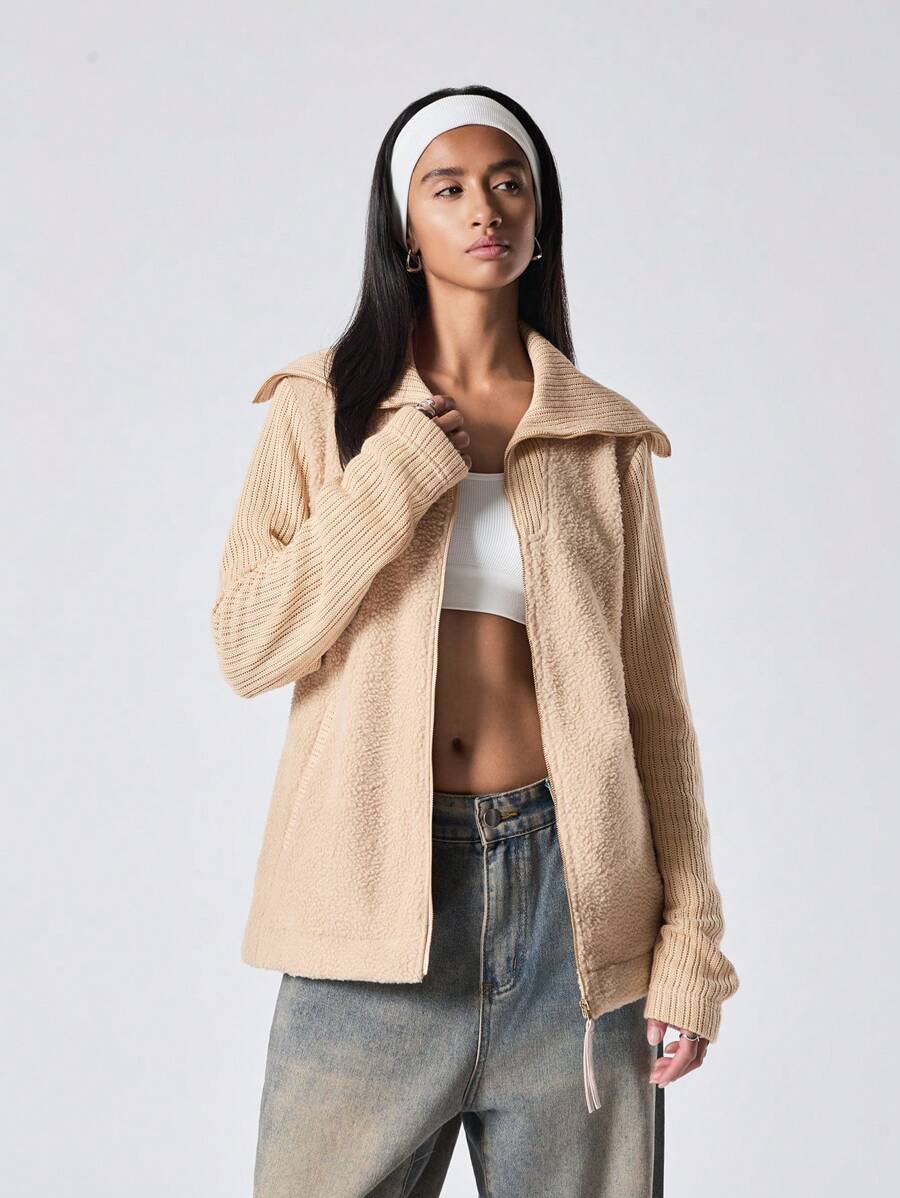 LYSMO Damen einfarbige Reißverschluss Vorne Lange Ärmel Regular Jacke Teddy Mantel, Lässig für den täglichen Gebrauch - Aprikosenfarben - Übersicht 1