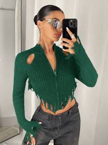 SHEIN ICON 女士纯色拉链镂空立领不对称下摆长袖开衫 - 墨綠色 - 查看 3